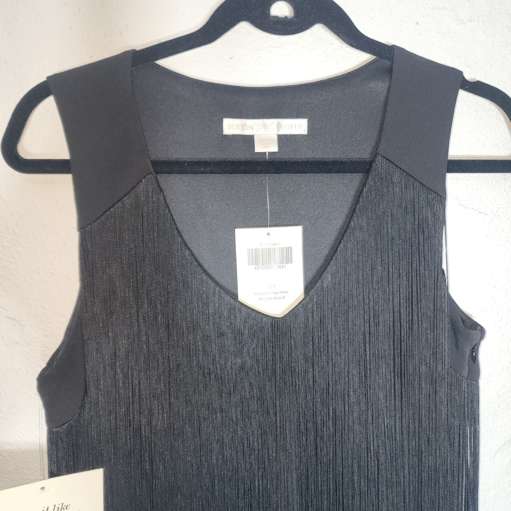 Boston Proper Swingy‎ Fringe Dress Proper Black V-Neck Sleeveless Mini 10 NEW - Picture 3 of 12